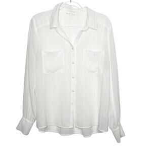 BE COOL Sheer Button Down Shirt Blouse Long Sleeve Cuffed Pockets White Size L